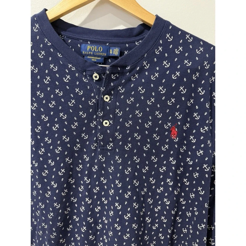 Polo Ralph Lauren Featherweight Mesh Henley Shirt Blue Anchor Print Men's XL L